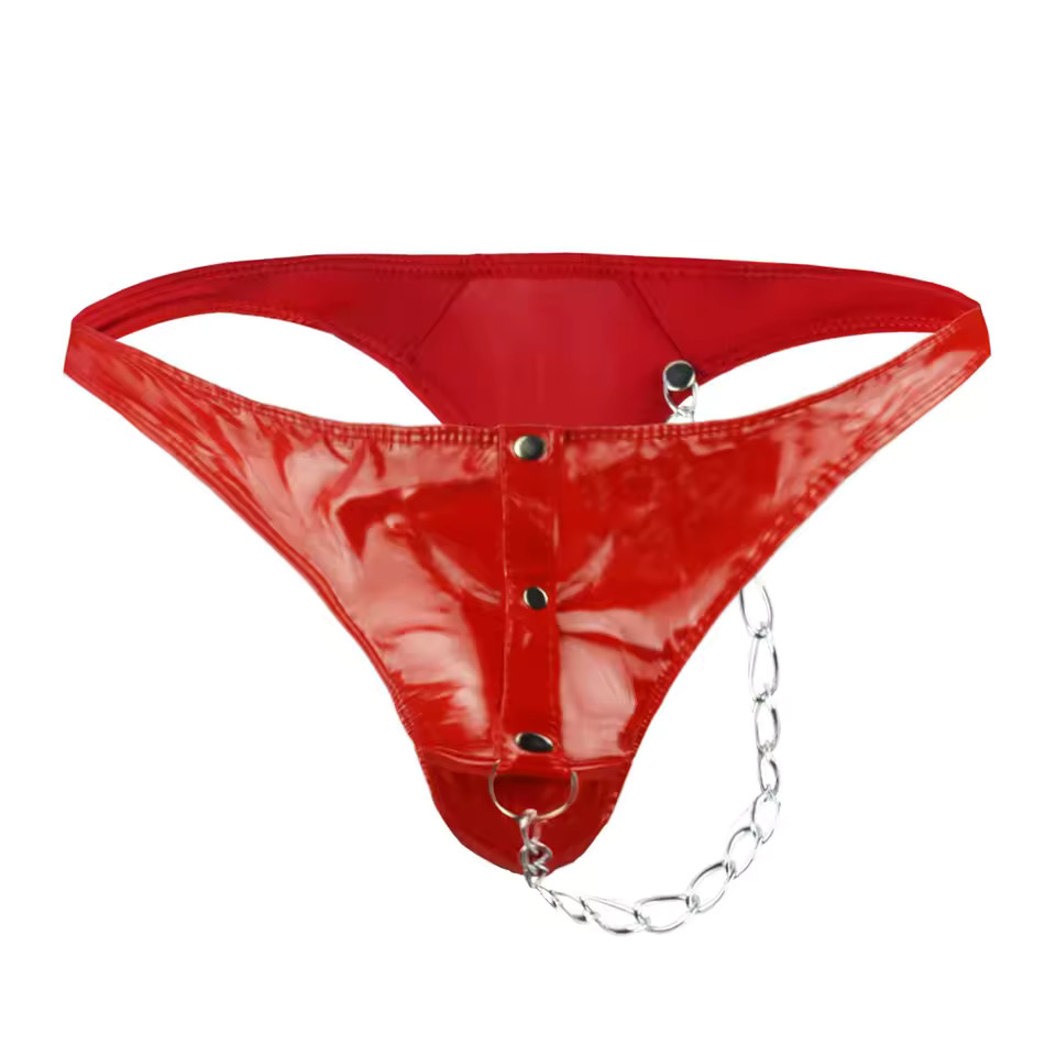 Men's Sexy Lingerie Underwear Flirting Costume Faux Leather Safety Chain Thong Low Rise Pouch Underwear Panties